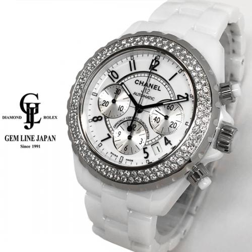 シャネル J12 クロノグラフ H1008 ホワイトセラミック 純正ダイヤベゼル メンズ 自動巻き 腕時計